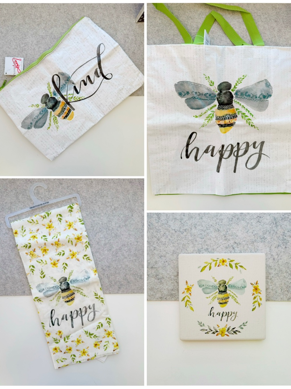 Happy Bee Kitchen Towel & Tote Set - Green Accent